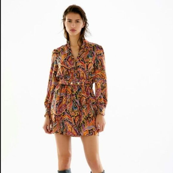 Zara Dresses & Skirts - Zara Boho Paisley Mini Dress Long Sleeve Gold Details V Neck Multicolor Size L
